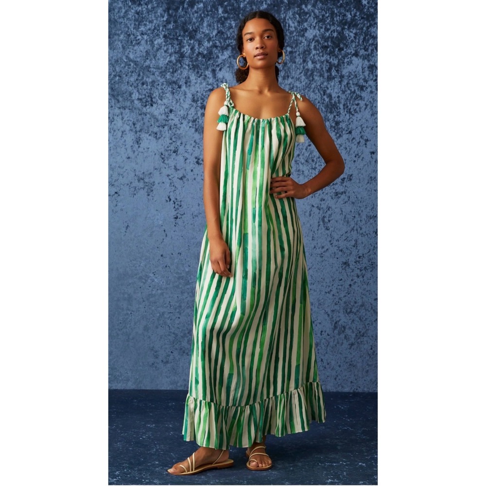Marie Oliver Yulia Green White Striped Silk Blend Tassel Maxi Dress Womens